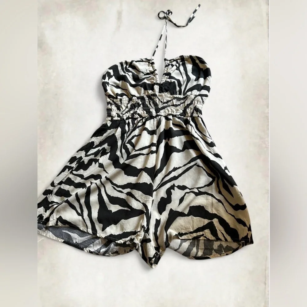H&M Dark Green & Cream Zebra-Print Halter Romper - Picture 3 of 8